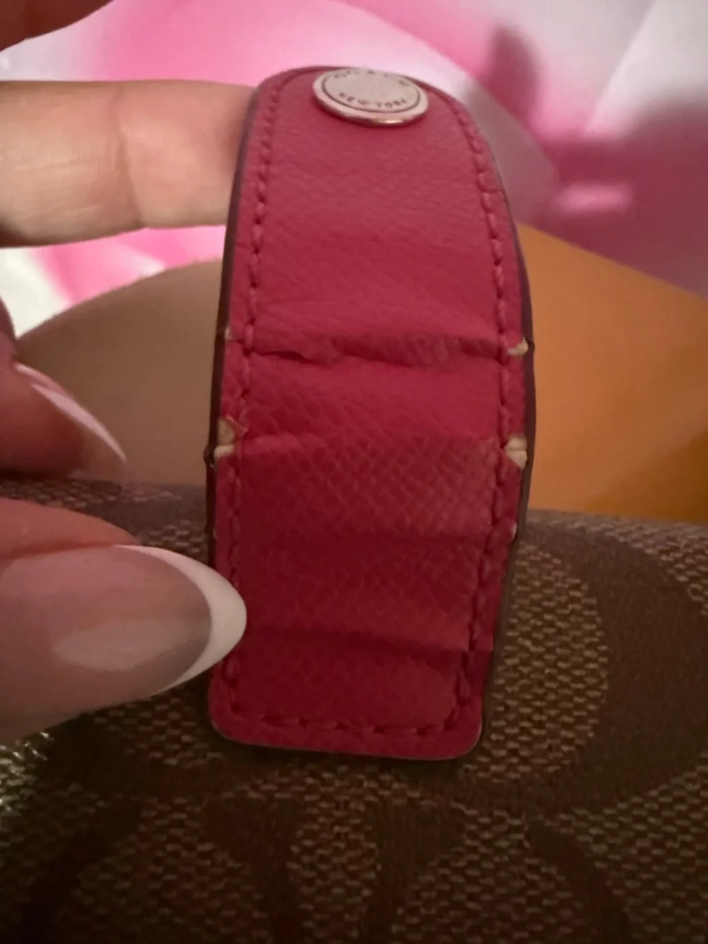 Coach Brown Signature Canvas Wristlet with Pink Snap Tab - Picture 7 of 9
